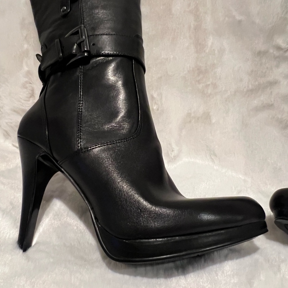 NINE WEST knee high boots platform stiletto black zip ankle buckle sz 5M NWT. - Picture 3 of 15